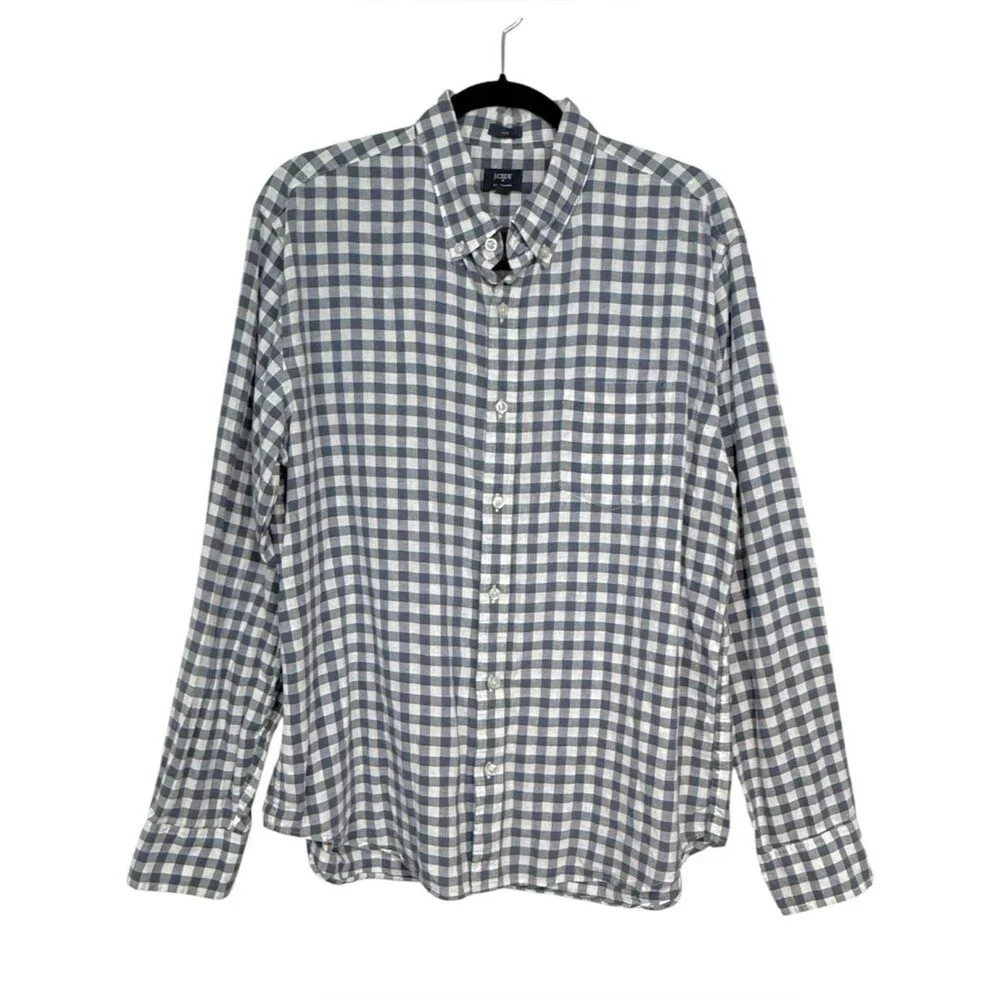 J.Crew Slim Cotton Linen Gingham Shirt Men's XL Blue White Button Down